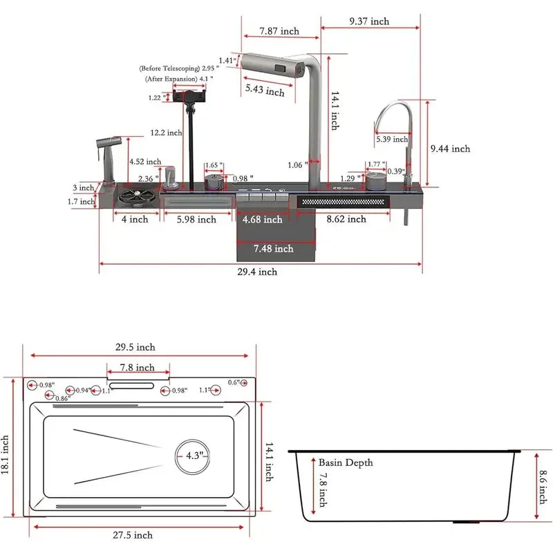 29.5x18 INCH Sink Digital Display Double Waterfall