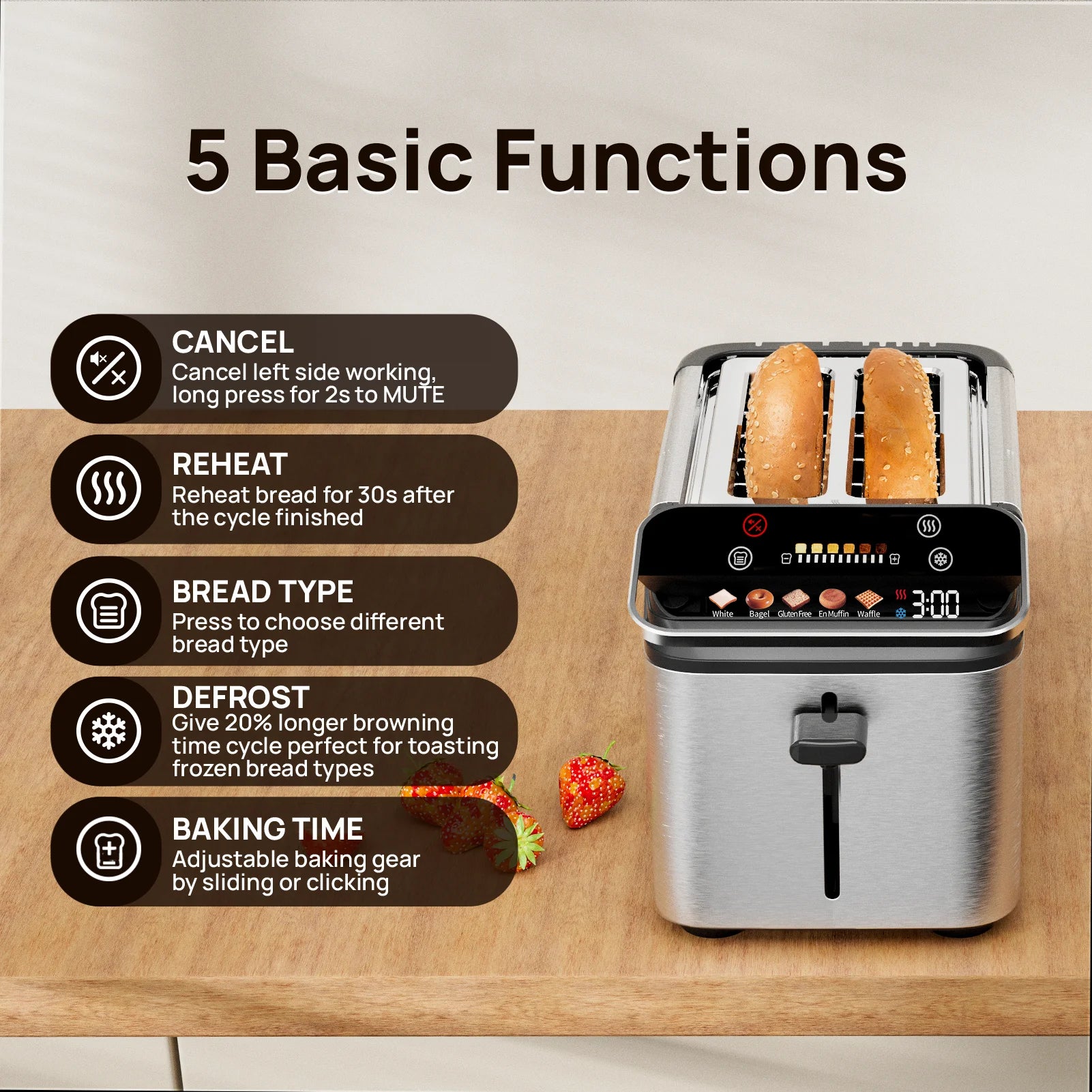 2-slice toaster, Screen And 5 Basic Functions