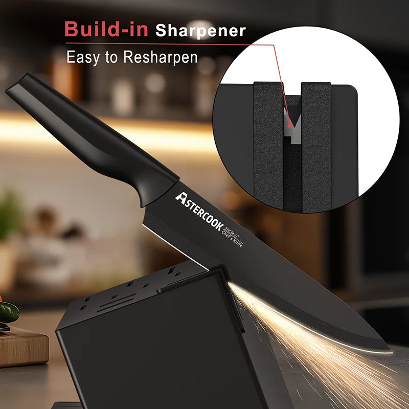 15 Piece Kitchen Knife Set Built-In Sharpener Block
