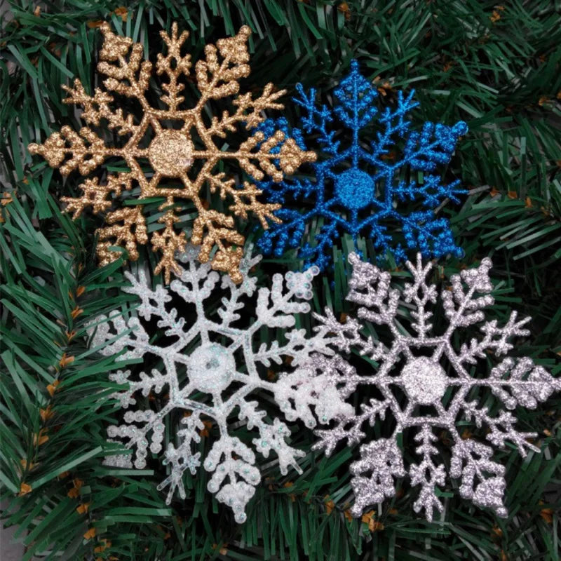 12Pcs/Set Plastic Gold Silver Glitter Powder Snowflake Ornaments