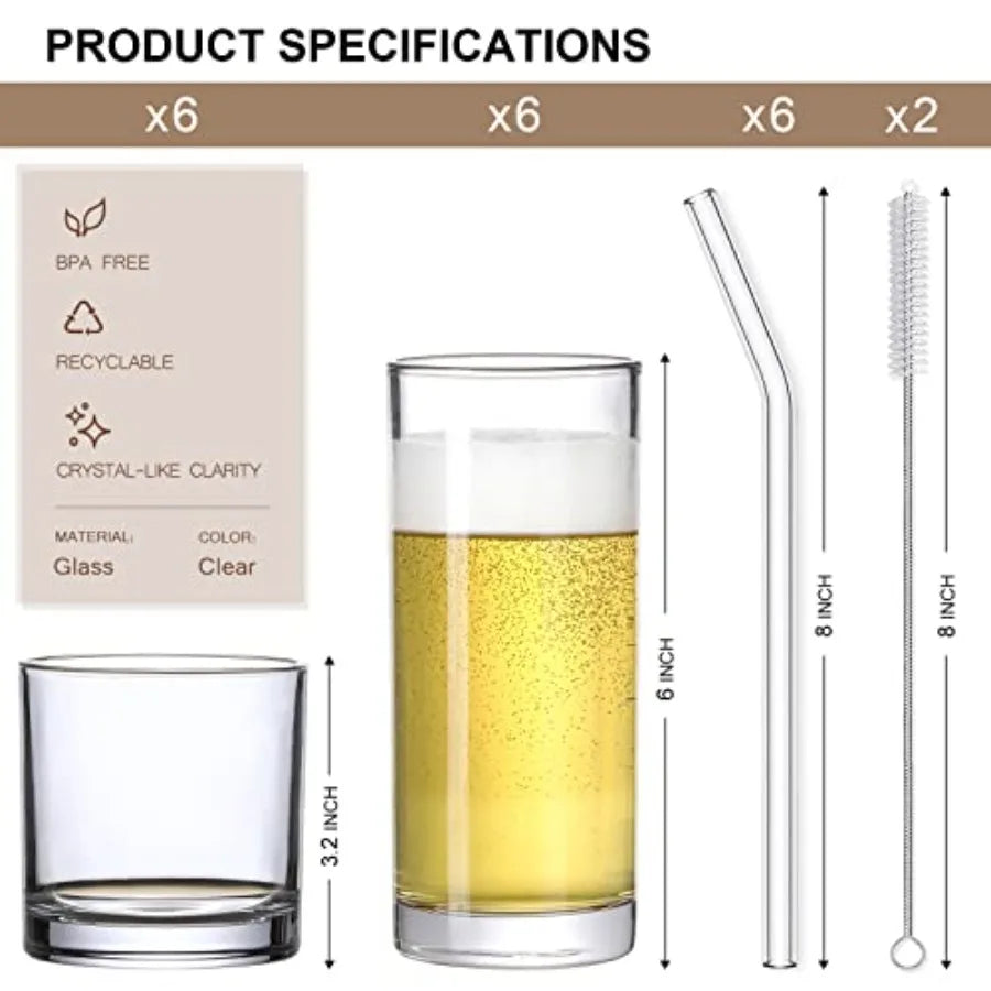 12 Pack Glass Cups With Glass Straws 12oz