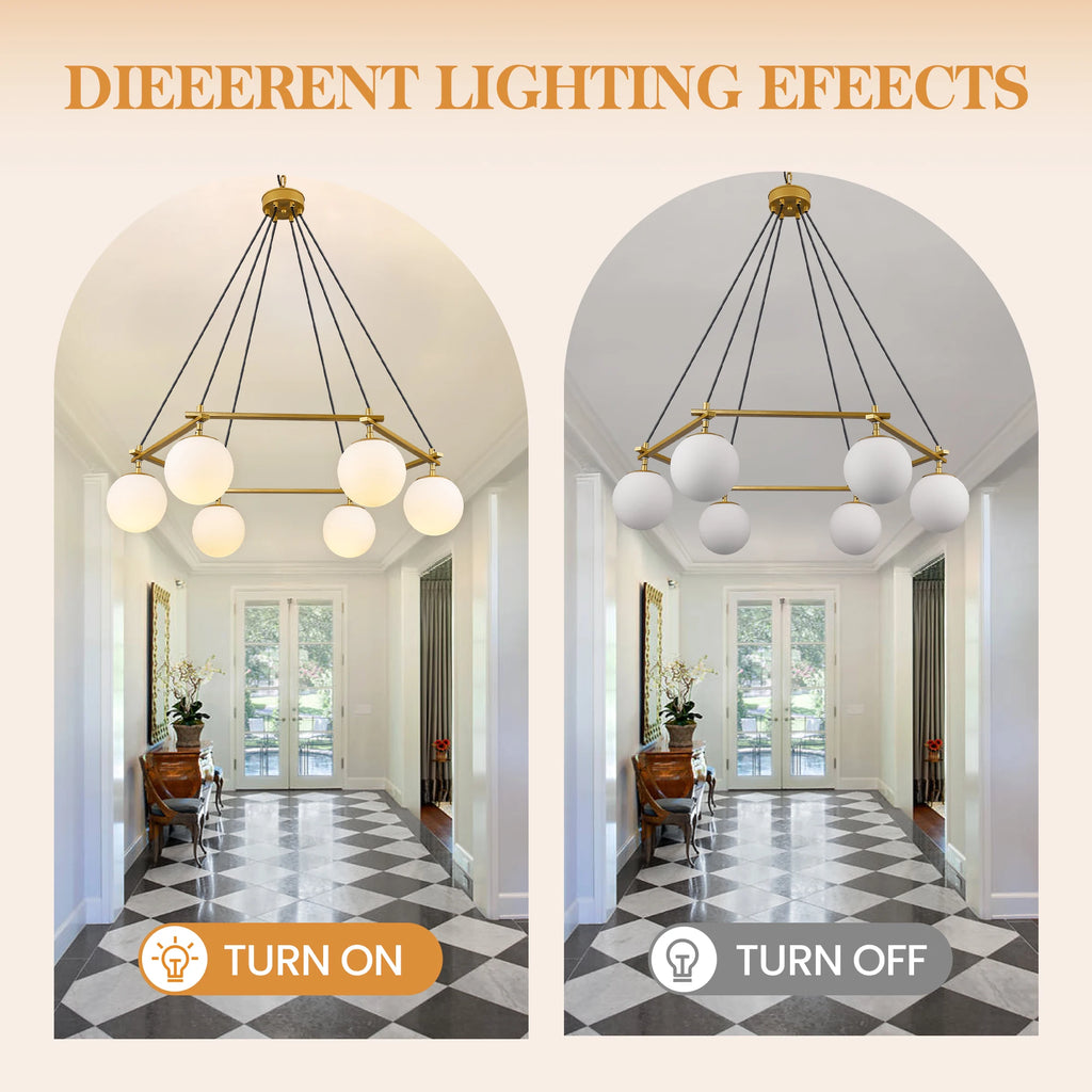 LED Pendant Gold Light White Glass Ball 6 Heads Hanging Lamp