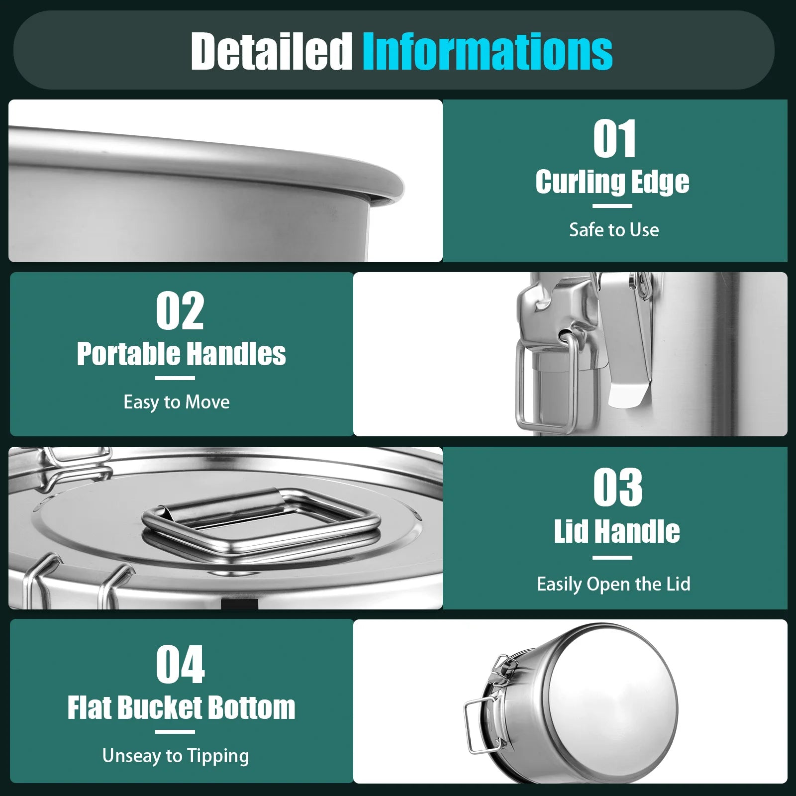 304 Stainless Steel Storage Bucket 33L/12L Airtight Canister