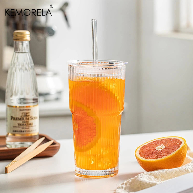 20 oz Ribbed Glass Tumblers Lids and Straws 2/4-Piece