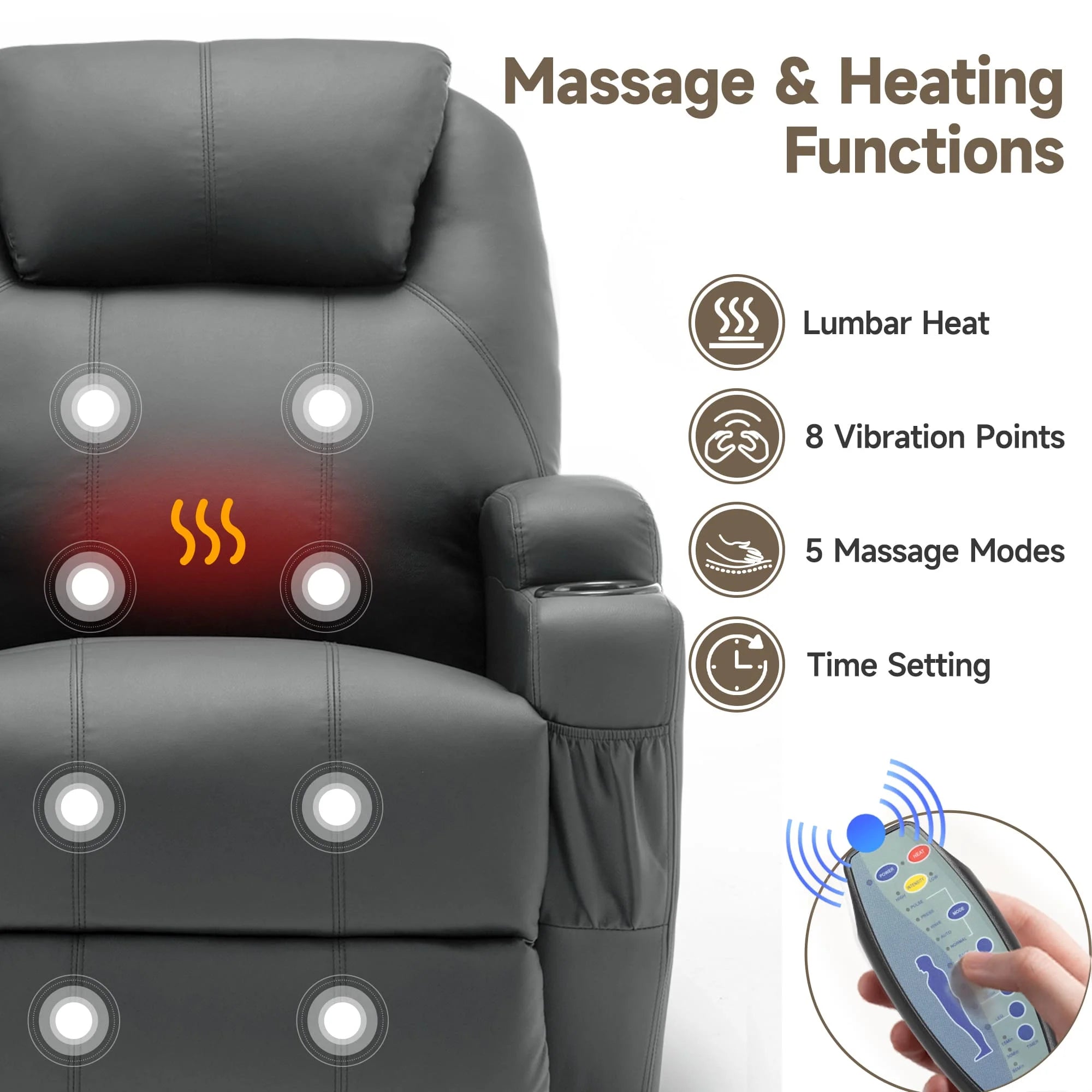 Recliner With Massage and Heat, 360° Swivel Remote