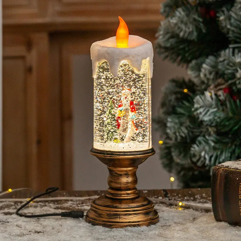 Christmas decorations: candles, crystal lights, cartoon snowflakes, birthday and Christmas gifts, scene setups