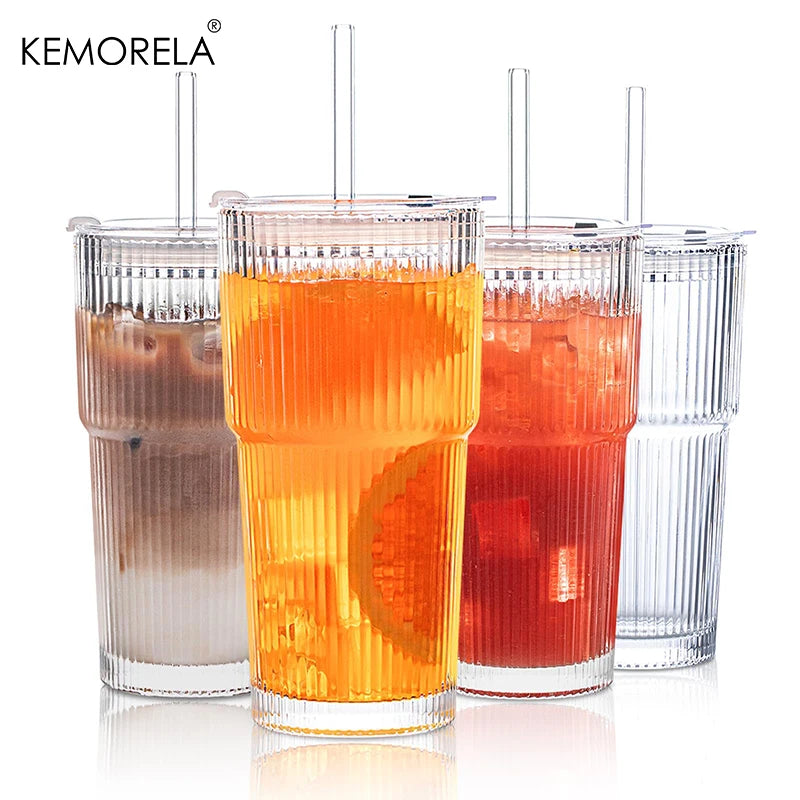 20 oz Ribbed Glass Tumblers Lids and Straws 2/4-Piece