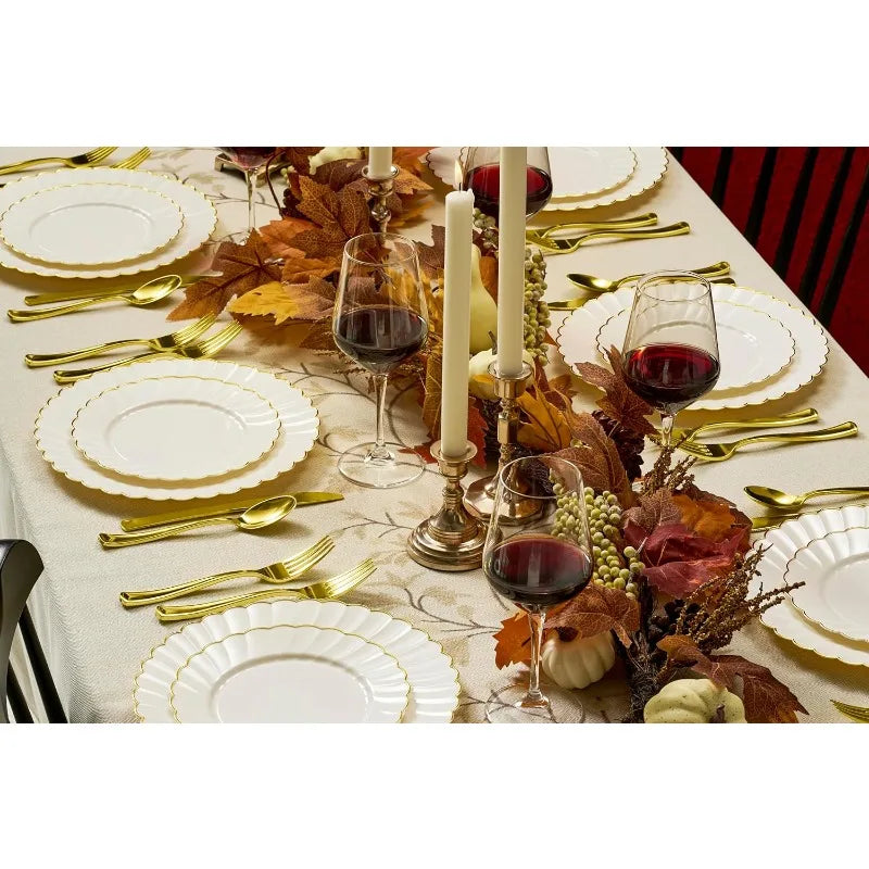 100-Pc Heavyweight Thanksgiving Plates - Ivory Scalloped Gold Trim