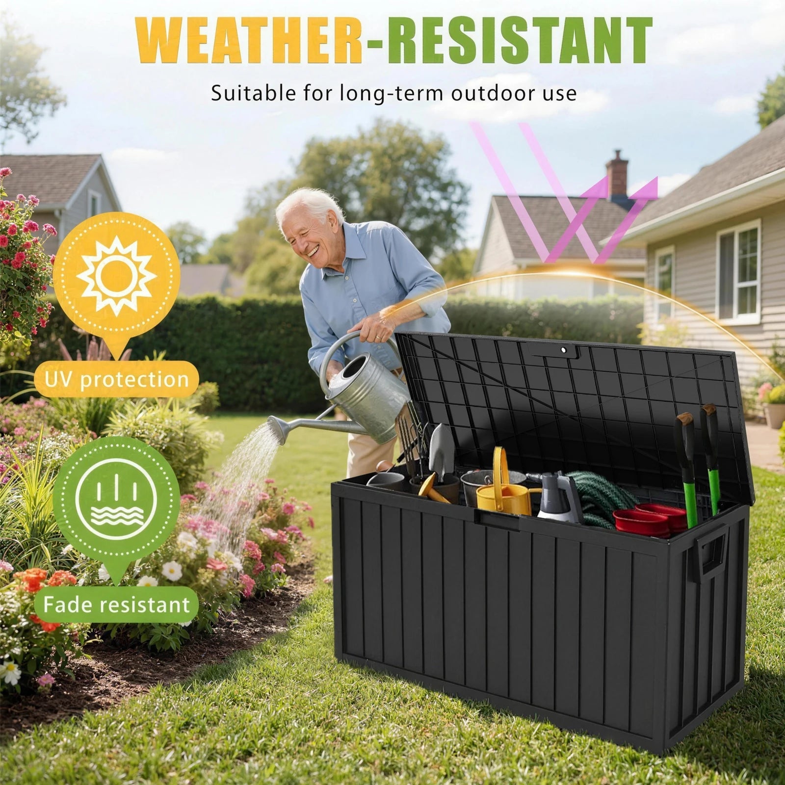 75 Gallon Deck Box with Lockable Lid & Heavy-Duty Hinged Door