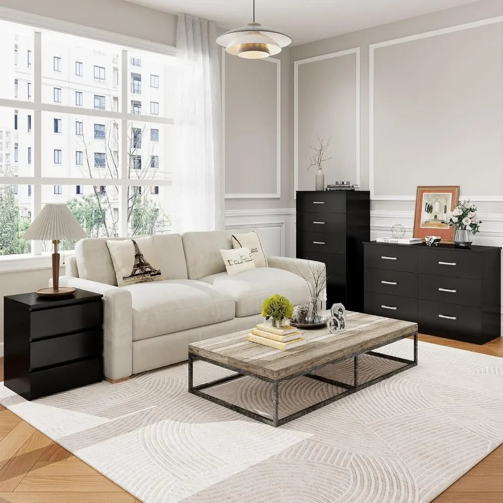 2 Black Nightstand With 3 Drawers