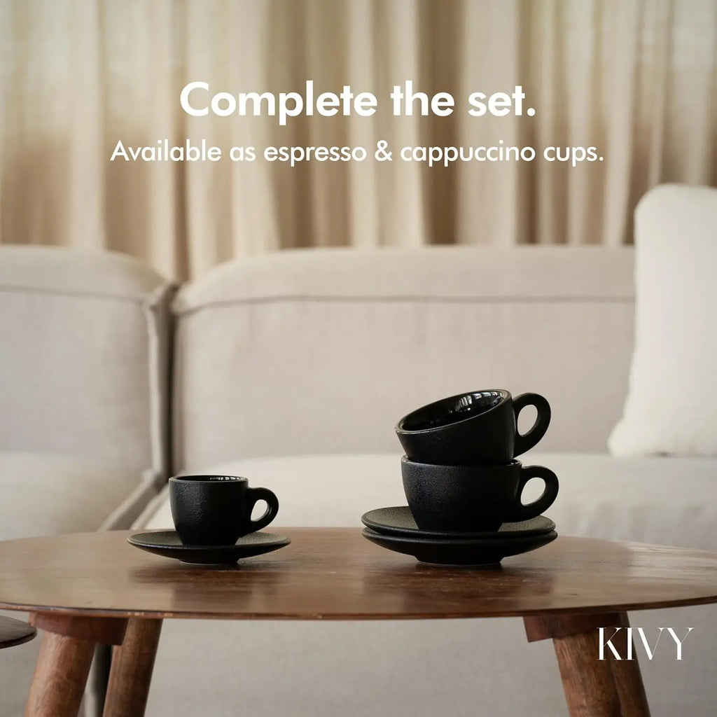 Cappuccino Cups Set of 4 [8oz]  Black Ceramic Mug and Saucer