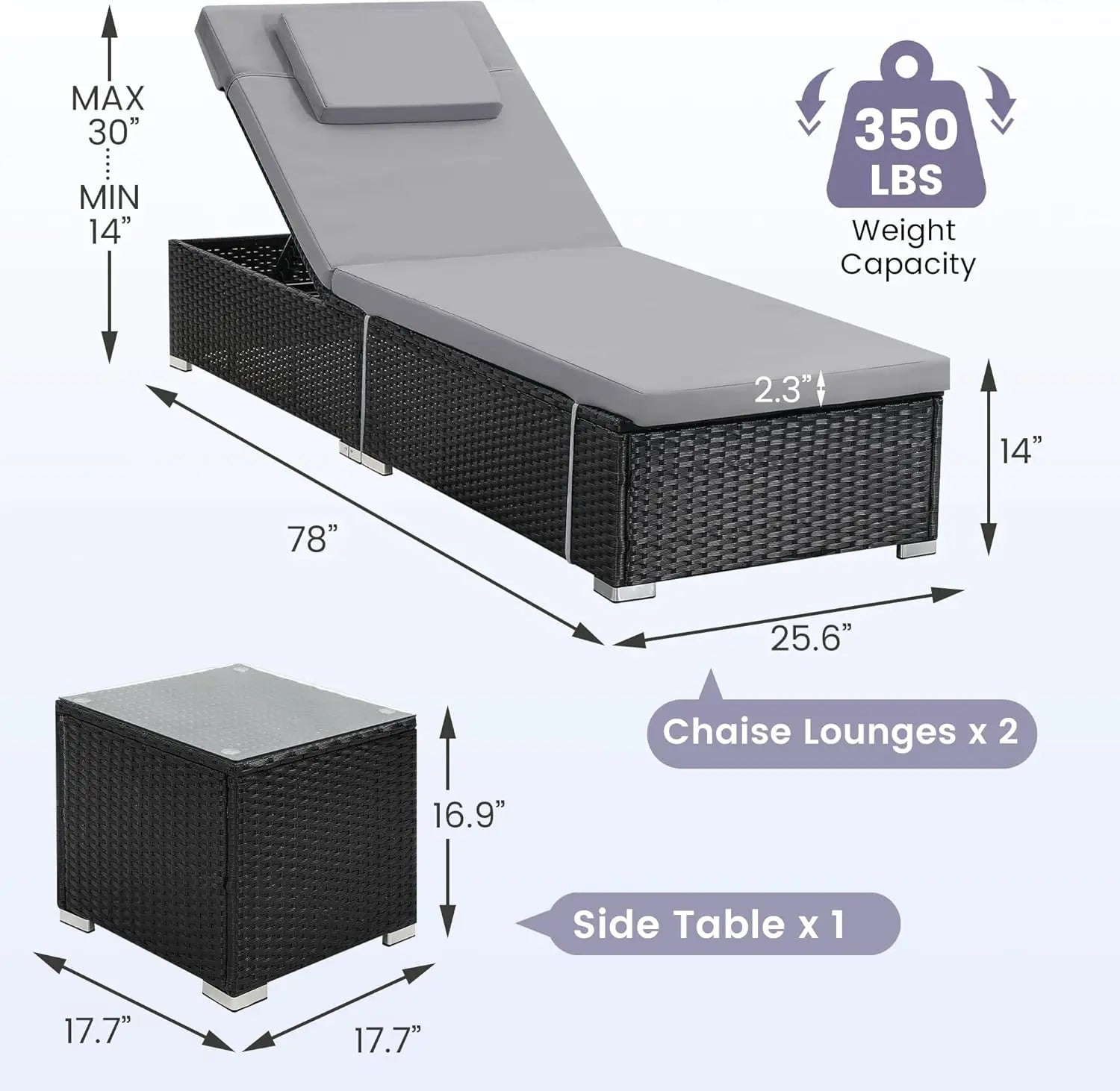 2 Wicker Chaise Lounge Chairs With Matching Side Table