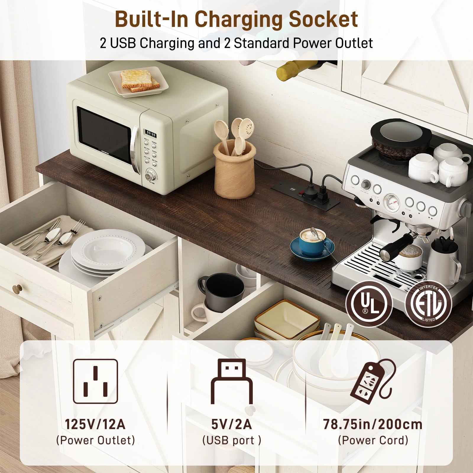 71" Tall Kitchen Pantry Storage Cabinet With Power Outlets