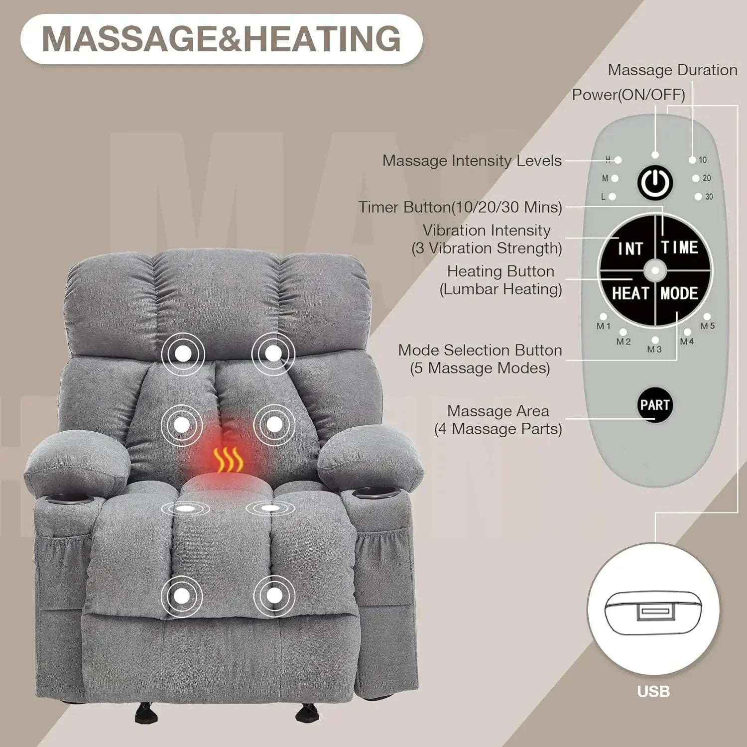Massage Rocker Recliner Chair With Heat And Vibration
