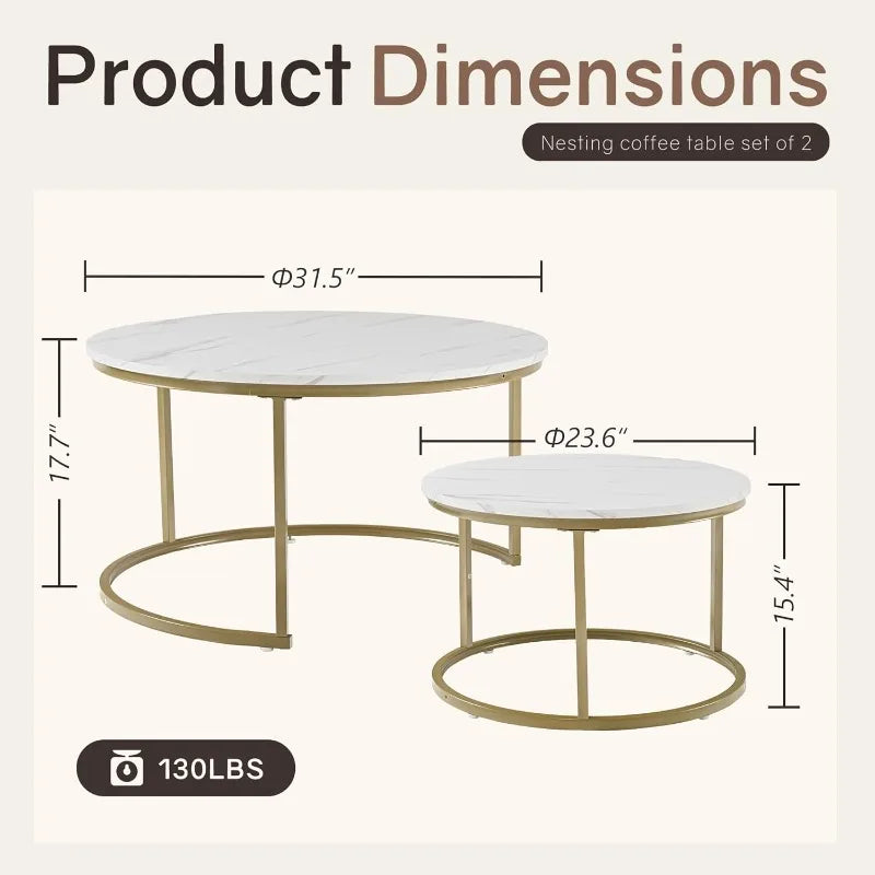 31.5" Round Coffee Table,  White Marble Stack Nesting