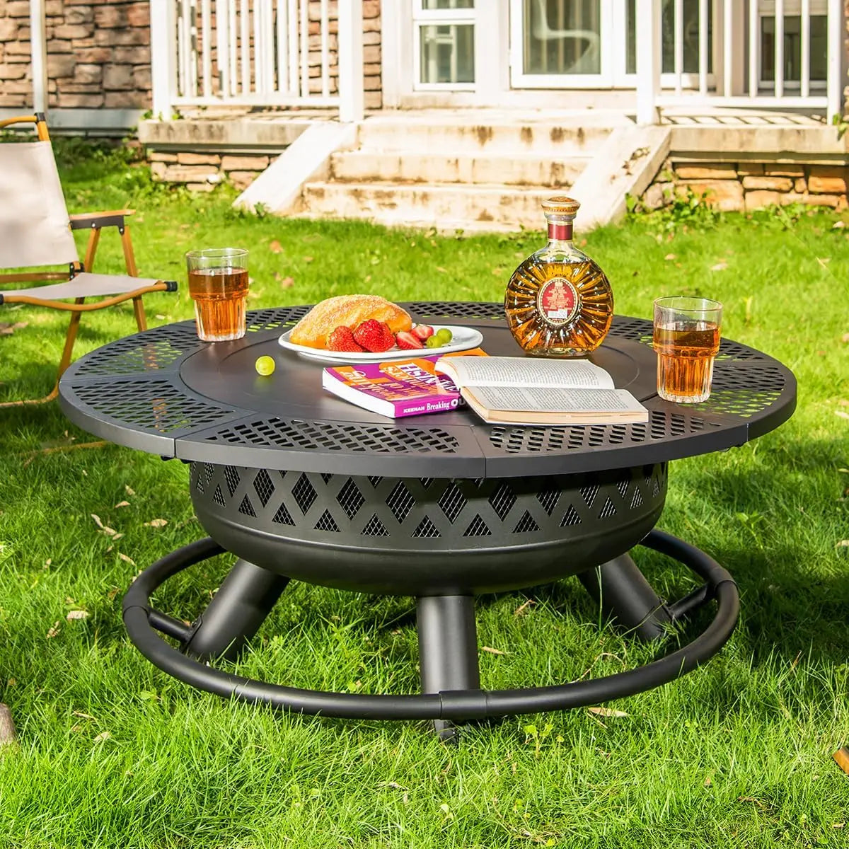 36 Inch Fire Pit With Grill, Lid & Poker