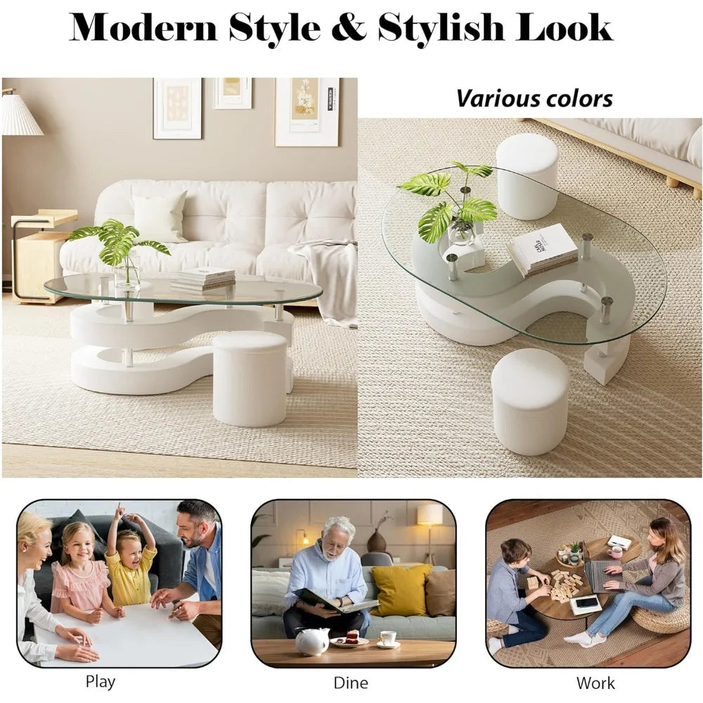 Glass Coffee Table Set of 3, 2 Leather Stools, Accent