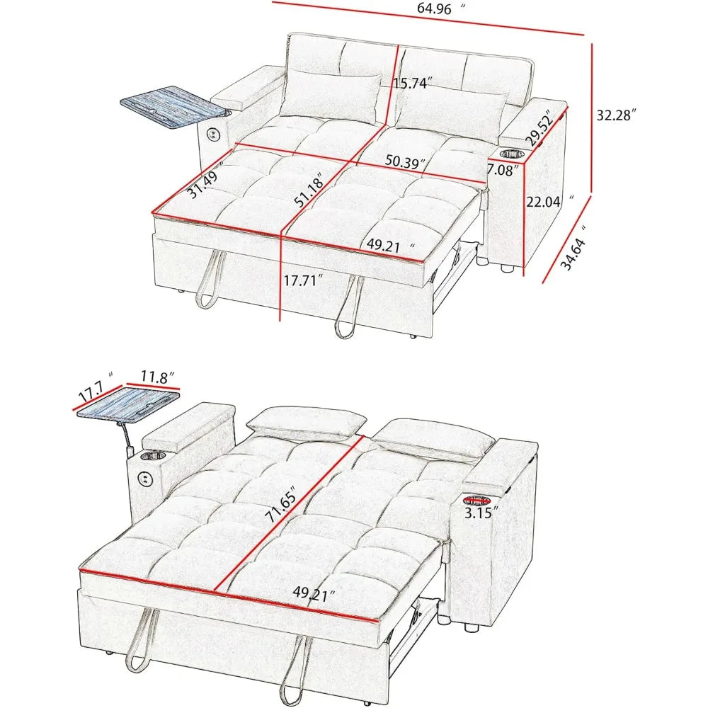 65'' 3-in-1 Folding Convertible Sofa Bed, Pullout Swivel Table