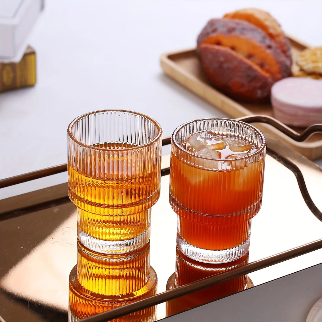 6pcs, 6.8oz Stackable Ribbed Glass Cups