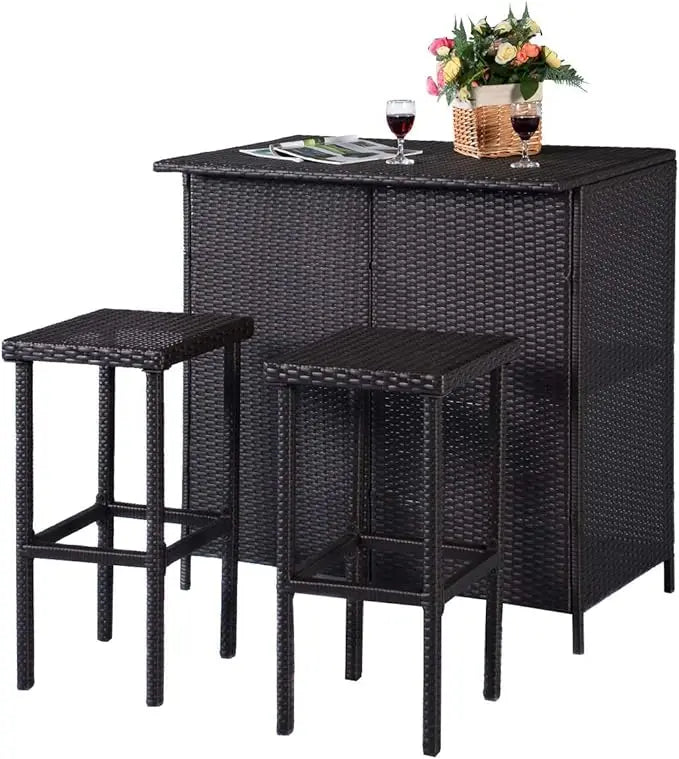 Rattan 3-Piece Bar Set With Wicker Stools And Table