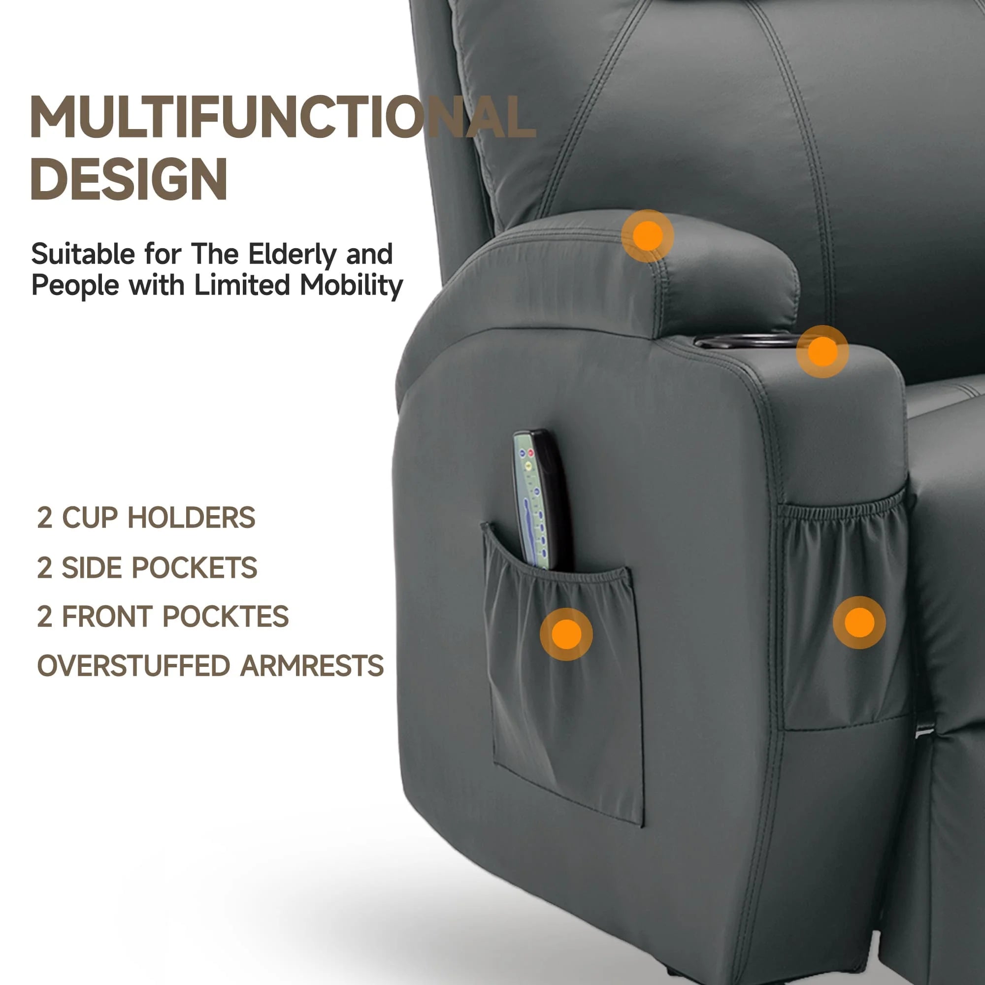 Recliner With Massage and Heat, 360° Swivel Remote