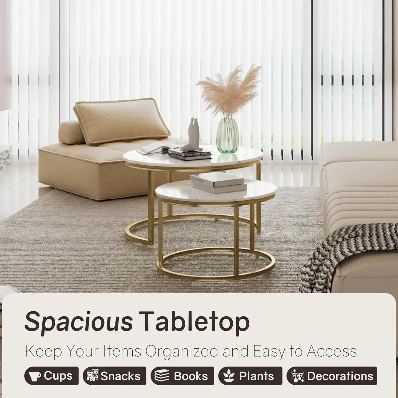 31.5" Round Coffee Table,  White Marble Stack Nesting