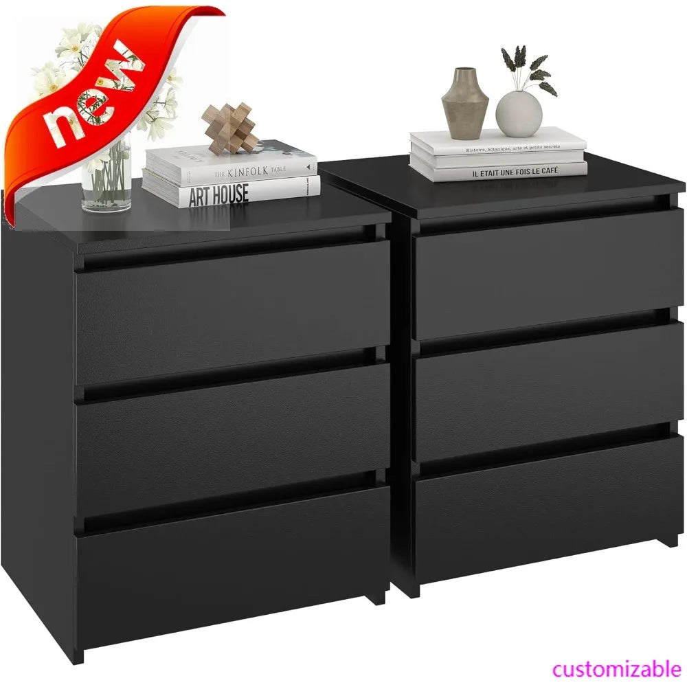 2 Black Nightstand With 3 Drawers