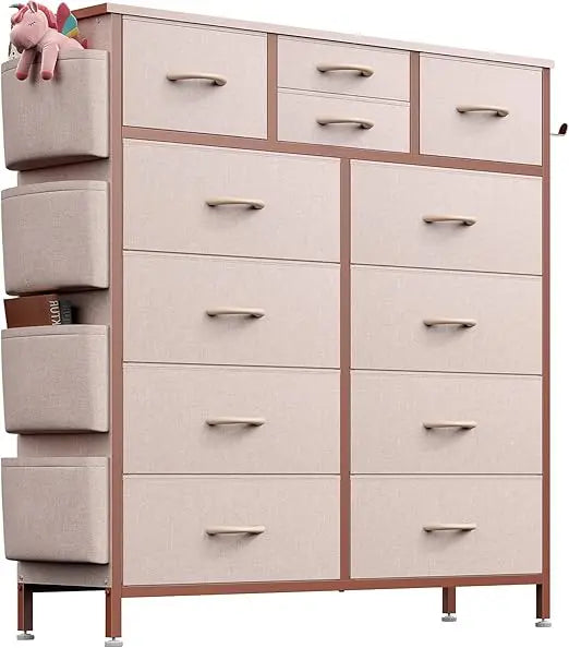 Pink Dresser 12 Drawers Side Pockets And Hooks, Fabric