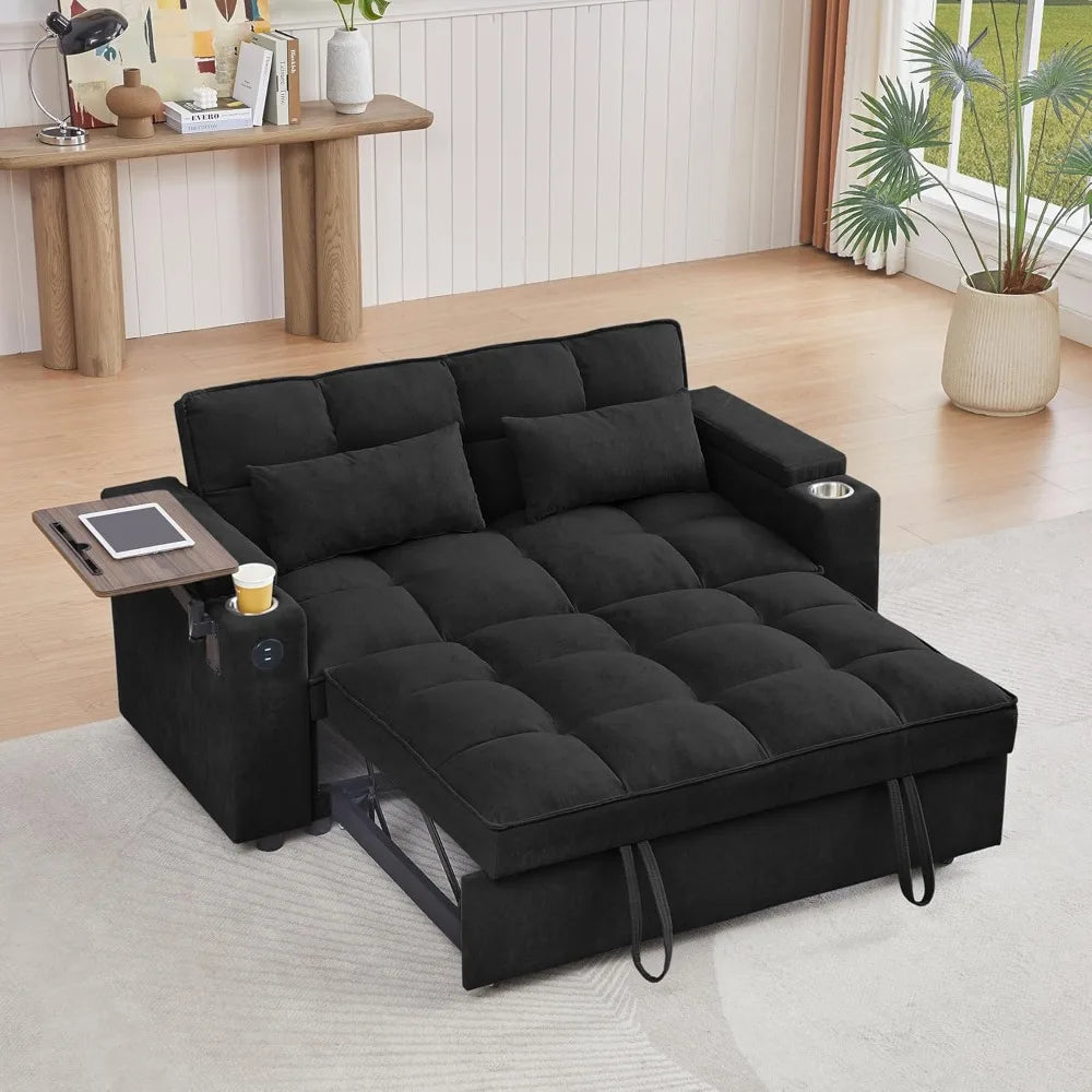65'' 3-in-1 Folding Convertible Sofa Bed, Pullout Swivel Table