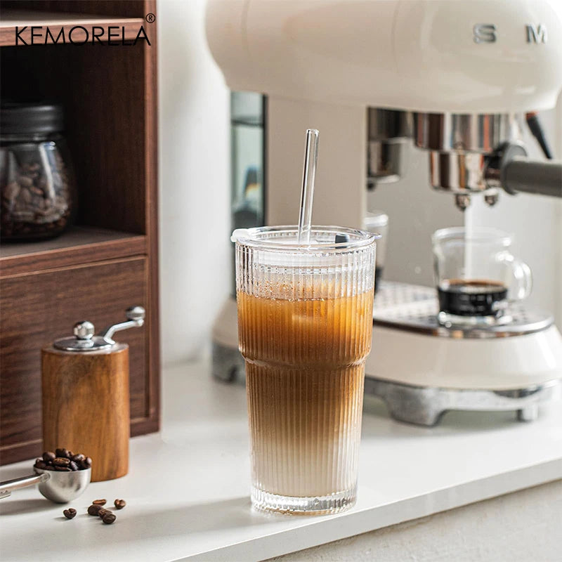 20 oz Ribbed Glass Tumblers Lids and Straws 2/4-Piece