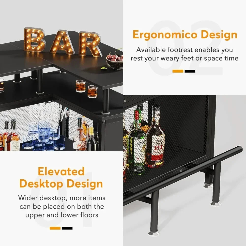 L-Shaped Bar Table With Stemware Racks, 2-Tier Shelves