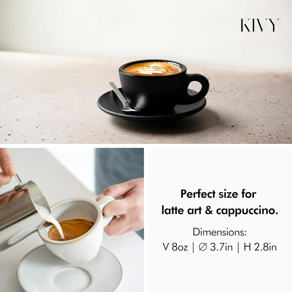 Cappuccino Cups Set of 4 [8oz]  Black Ceramic Mug and Saucer