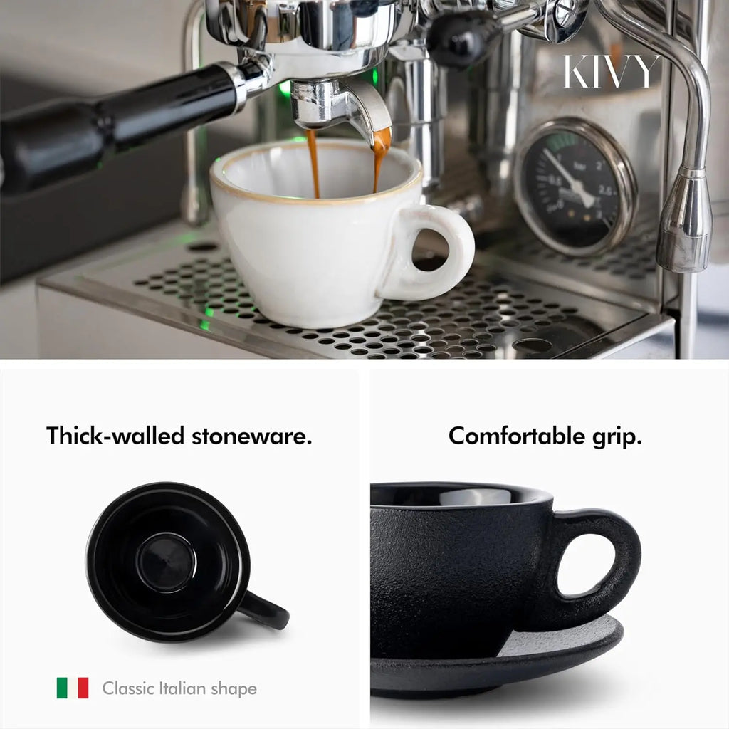 Cappuccino Cups Set of 4 [8oz]  Black Ceramic Mug and Saucer