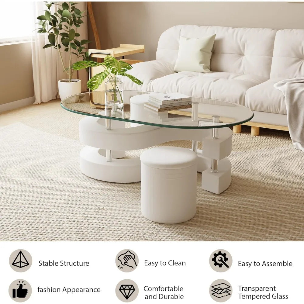 Glass Coffee Table Set of 3, 2 Leather Stools, Accent