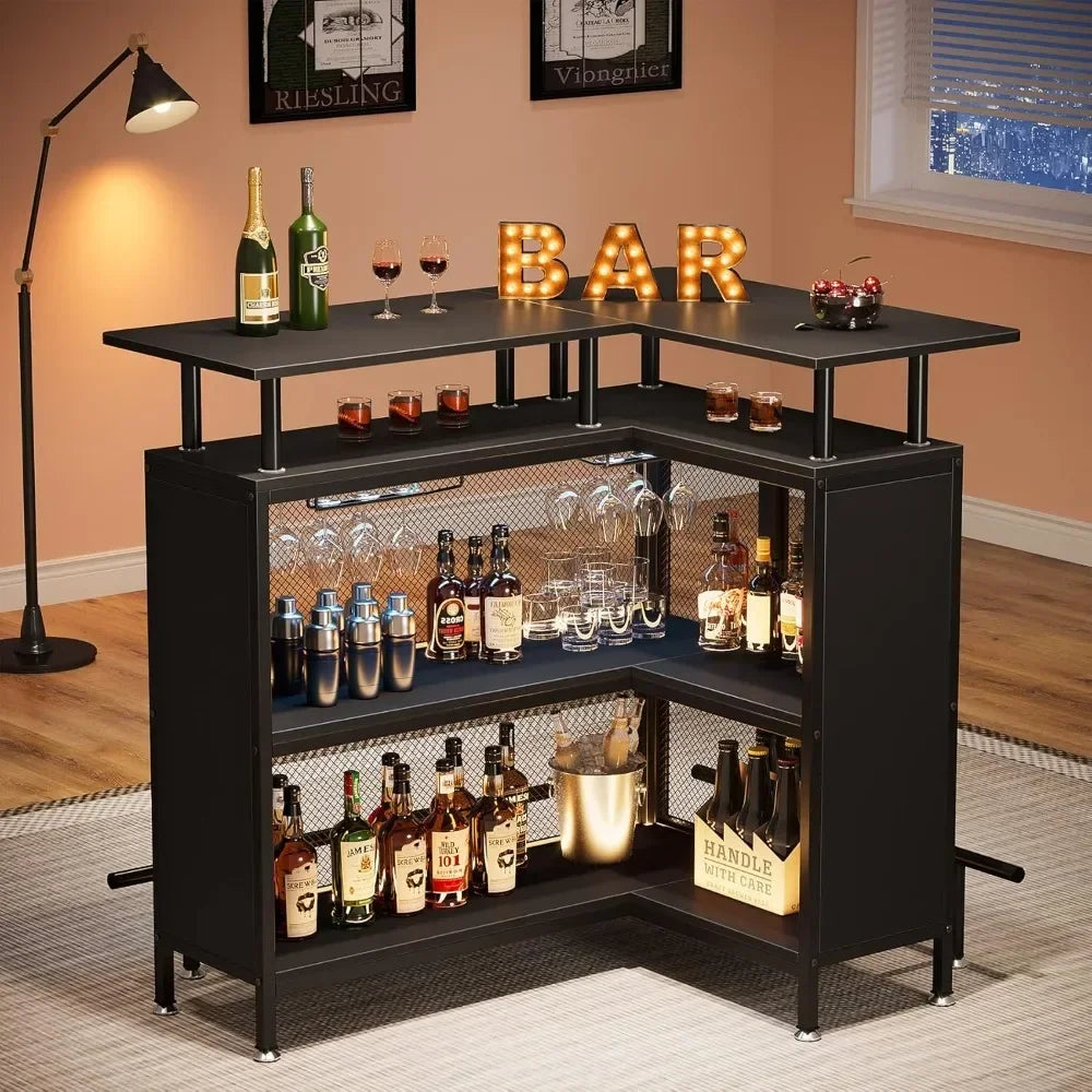 L-Shaped Bar Table With Stemware Racks, 2-Tier Shelves