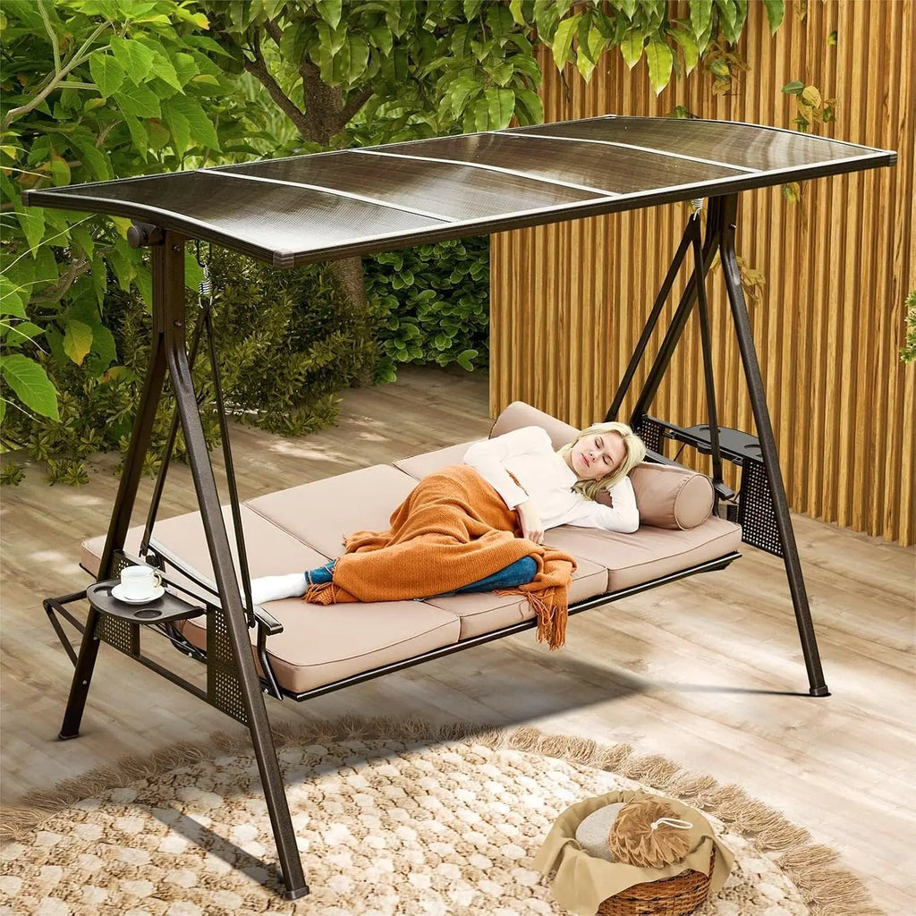 3 Seat Patio Swing 2 Cup Holders, 3-in-1 Convertible Backrest