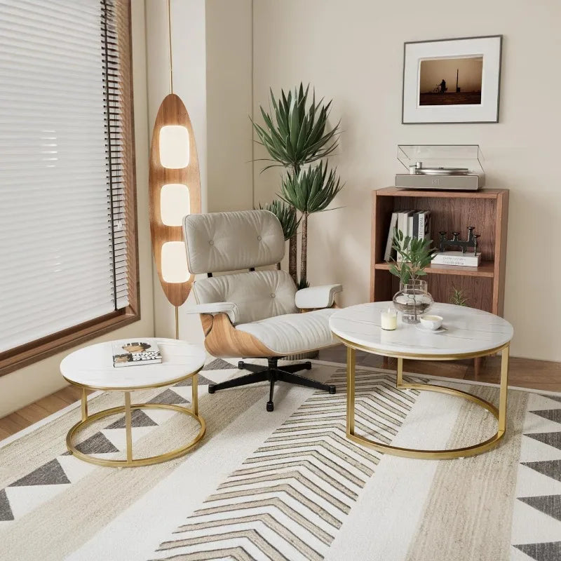 31.5" Round Coffee Table,  White Marble Stack Nesting