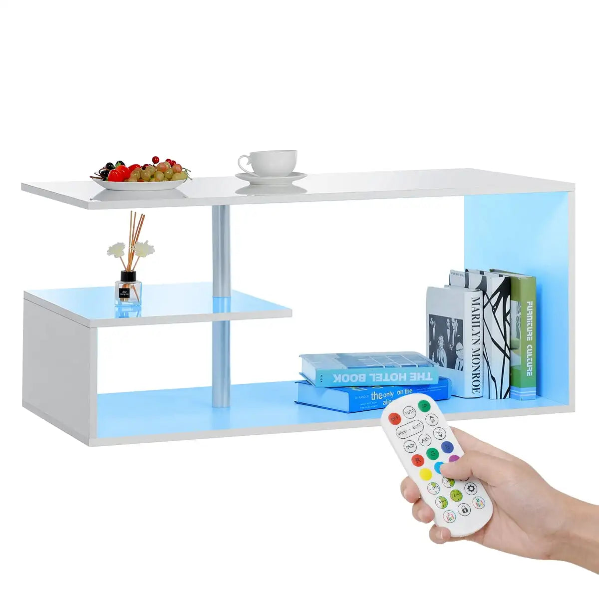 High Gloss White Table With LED Lights Open Shelf