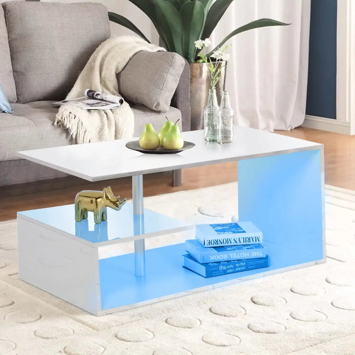 High Gloss White Table With LED Lights Open Shelf