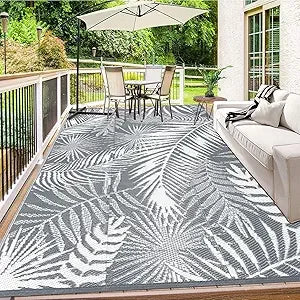 Outdoor Reversible Plastic Straw Rug, 9'x12', Cool Gray