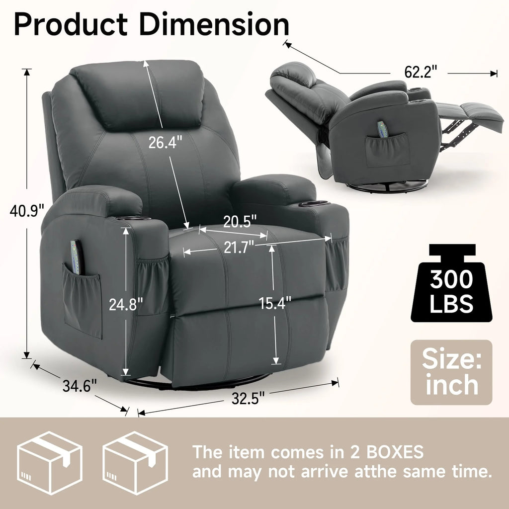 Recliner With Massage and Heat, 360° Swivel Remote