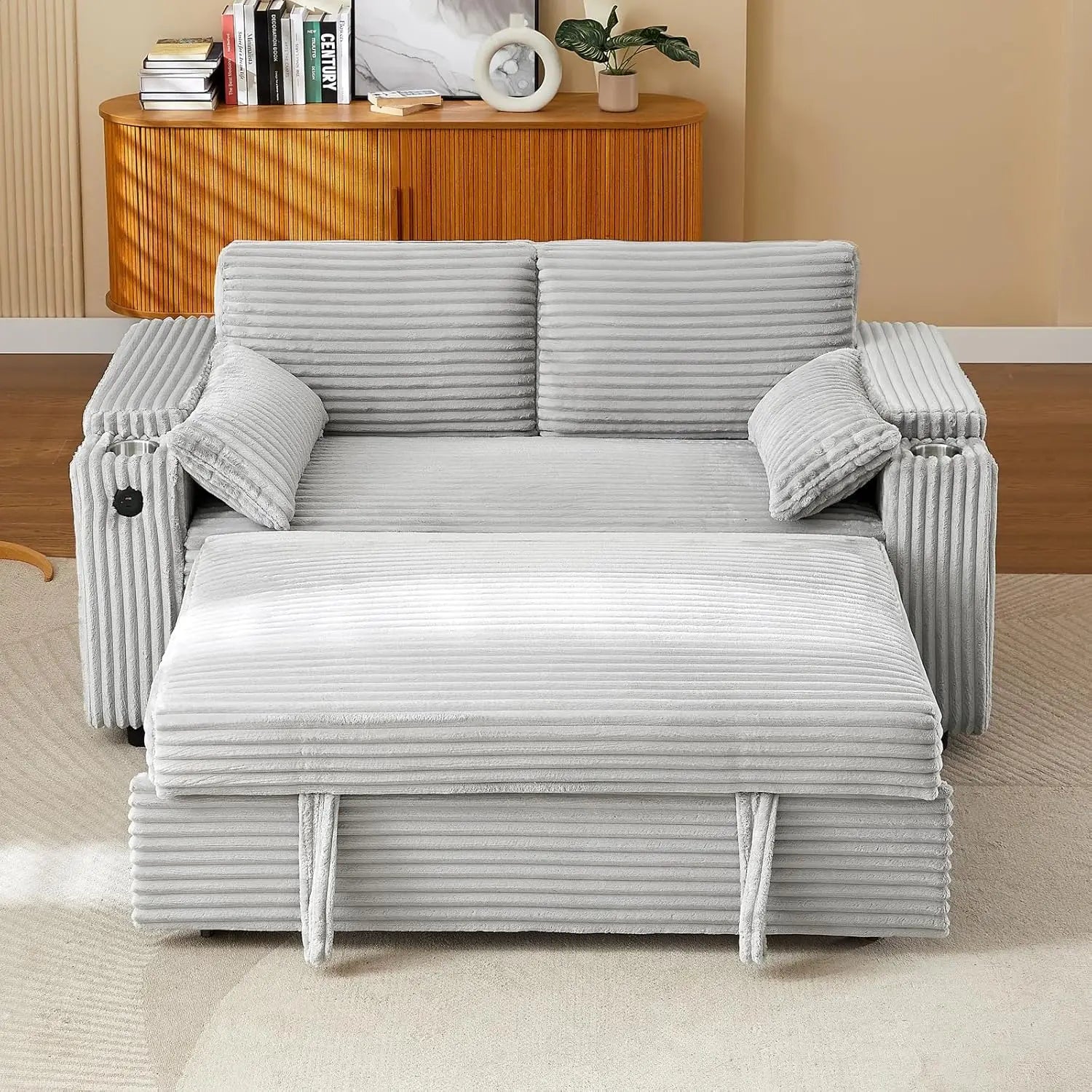 65'' 3-in-1 Folding Convertible Sofa Bed, Pullout Swivel Table