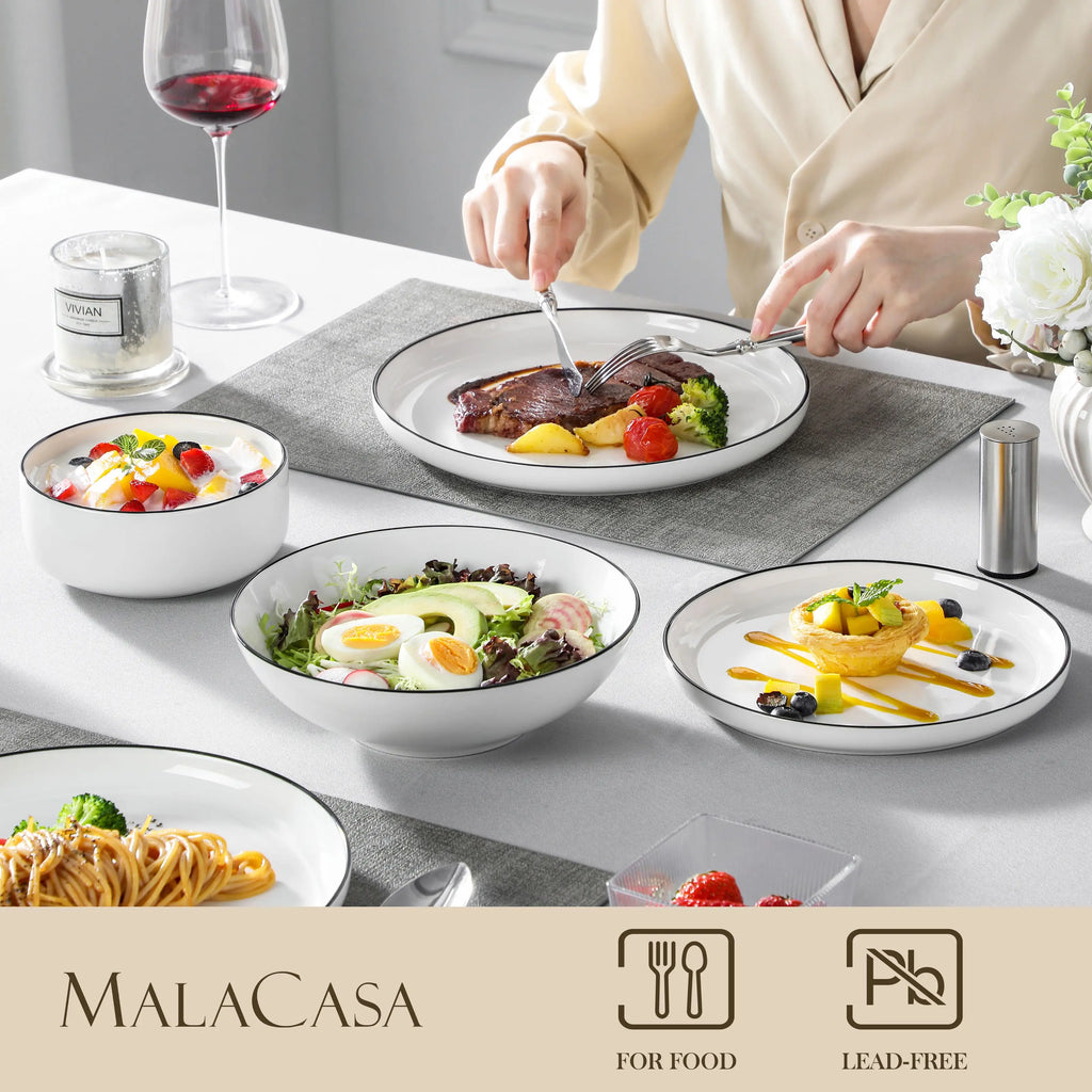 MALACASA 24/48Piece Ceramic Plates Black Rim