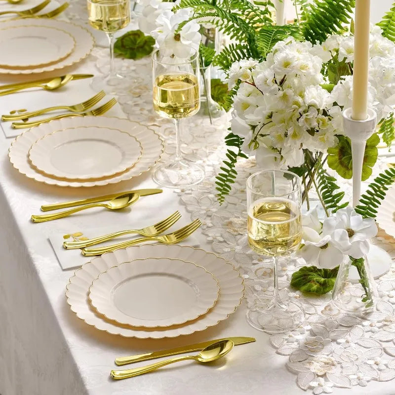 100-Pc Heavyweight Thanksgiving Plates - Ivory Scalloped Gold Trim