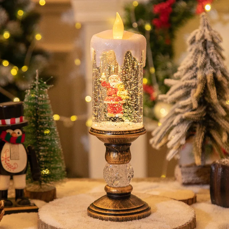 Christmas decorations: candles, crystal lights, cartoon snowflakes, birthday and Christmas gifts, scene setups