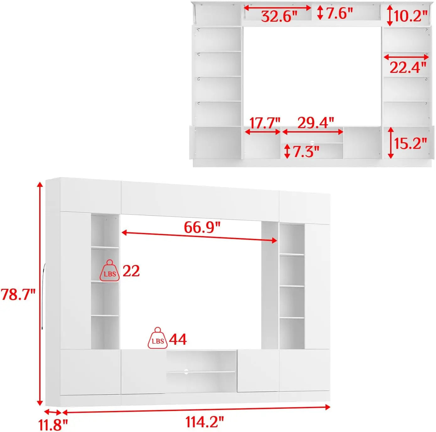114" Large Entertainment Center, Bookshelves, Lights ,18 Shelves