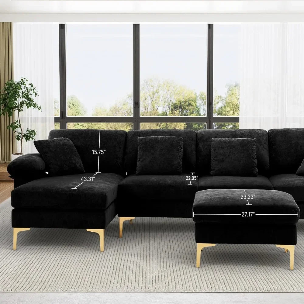 "4-Seat U-Shaped Velvet Sofa With Convertible l-Shape And Chaise Lounge For Living Room"