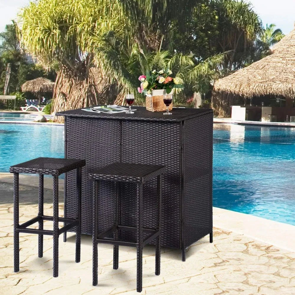 Rattan 3-Piece Bar Set With Wicker Stools And Table