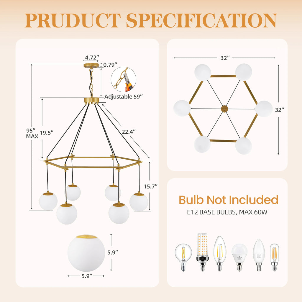LED Pendant Gold Light White Glass Ball 6 Heads Hanging Lamp