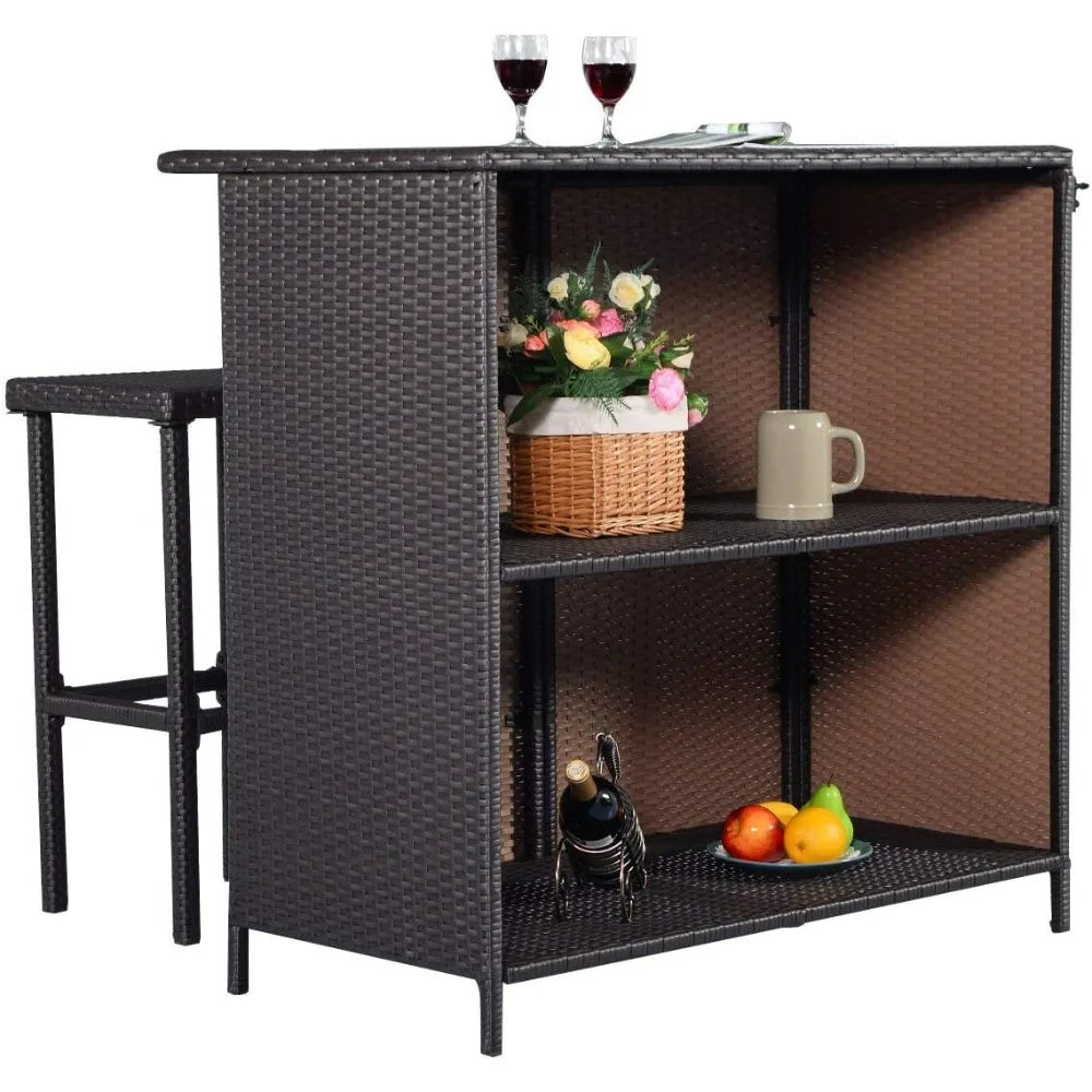 Rattan 3-Piece Bar Set With Wicker Stools And Table